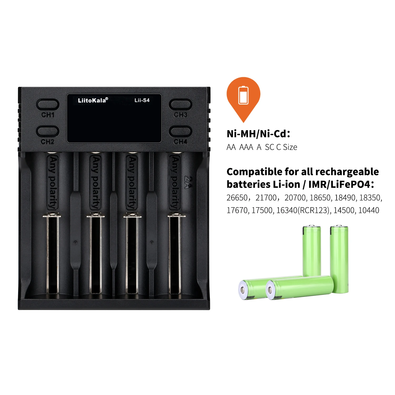 LiitoKala Lii-S4 18650 스마트 충전기 LED 4 슬롯, 26650 21700 18350 AA AAA 3.7V 1.2V 자동 극성 검출기 충전기