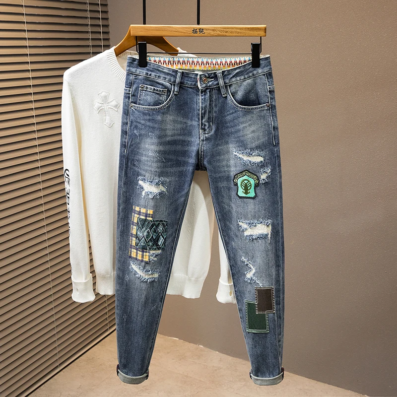 2024 New light luxury MEN'S jeans fashion splicing patch slim heavy embroidery plump handsome personality casual street denim
