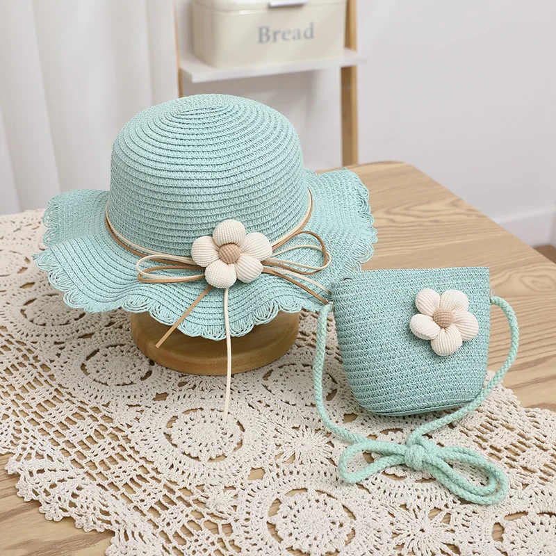 Baby Girl Straw Hat 2PCS Summer Cute Solid Color Lace Ruffle Kids Fisherman Outdoor Beach Caps Sunshade Wide brim Bucket Hats straw hat,baby sun hat,outdoor sun hat