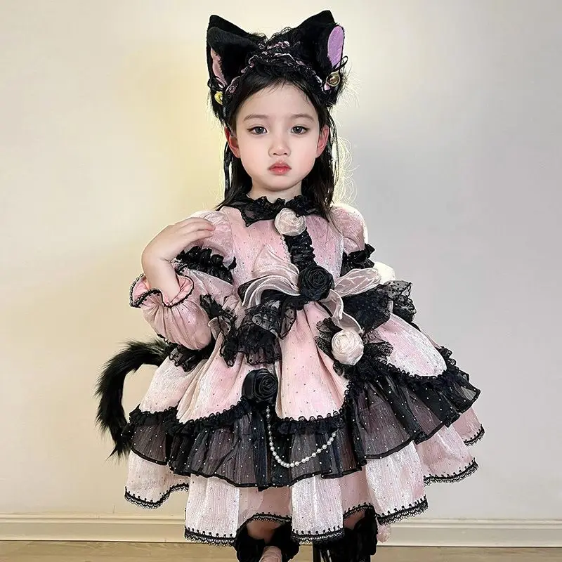 Winter Autumn Girls Spanish Lolita Princess Lace Pink Ball Gown Sweet Cute  Cat Birthday Kids Party Easter Eid Mesh Dresses - AliExpress 1501