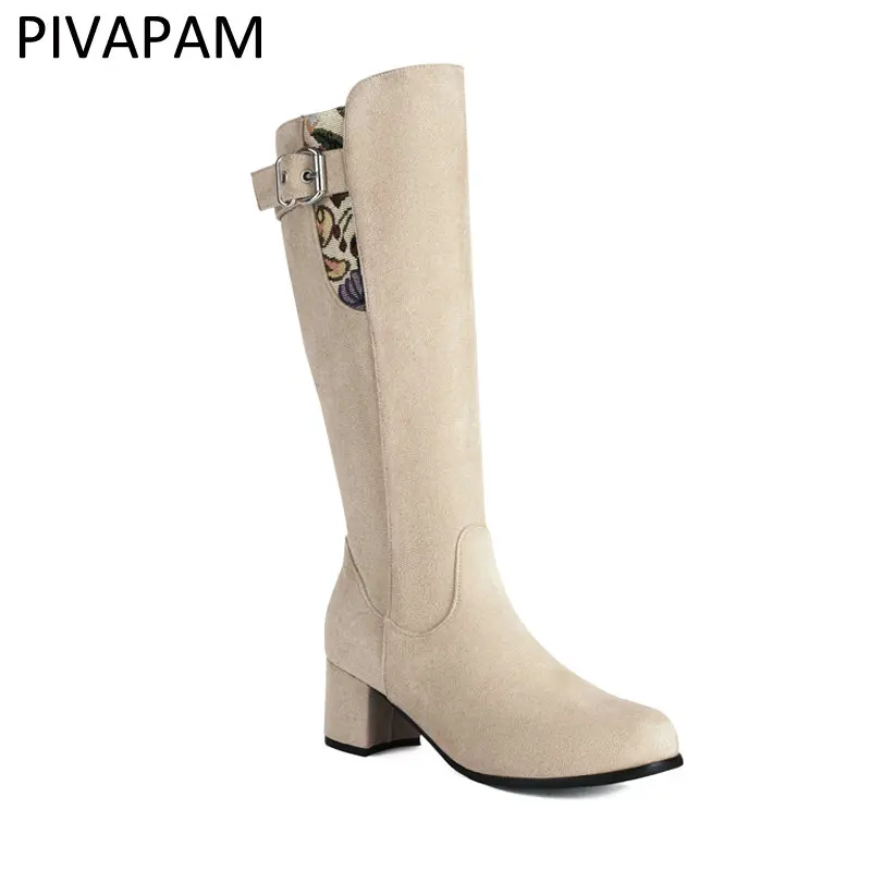 

Fashion Womens Knee High Boots Black Beige Fabric Round Toe Chunky High Heels Plush Warm Winter Thigh High Boots Ladies Shoes