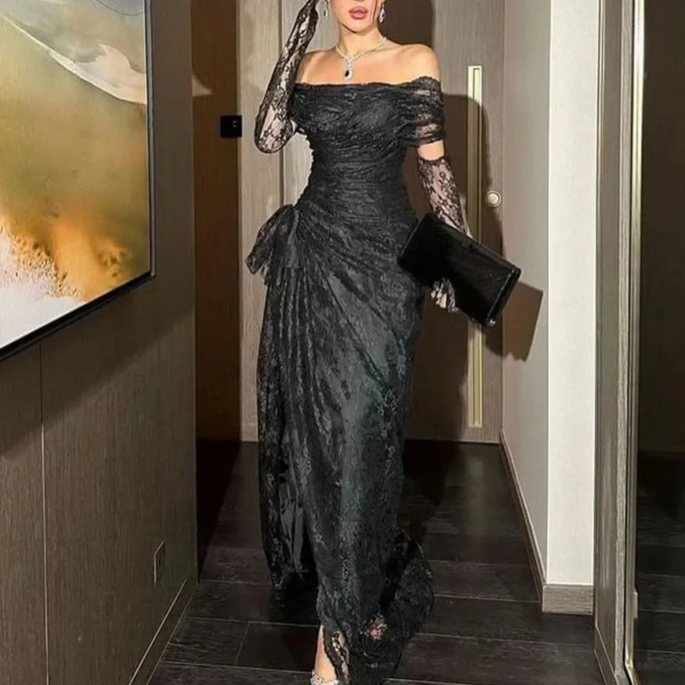 Customized Exquisite and Temperament Lace Boat Neck Off the Shoulder Evening Dress Sweep Train Sleeveless Party Gowns for Ladies 1