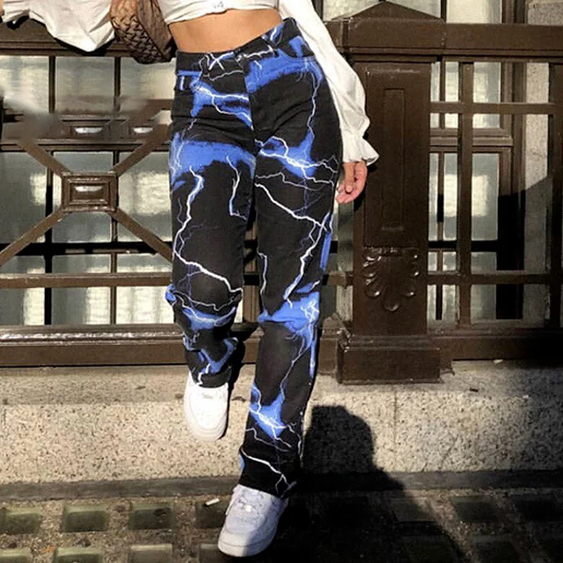 Fashion Street Lightning Printed Wide Leg Casual Pants Spring and Autumn Slim Contrast High Waist Ladies Pants Women's Overalls