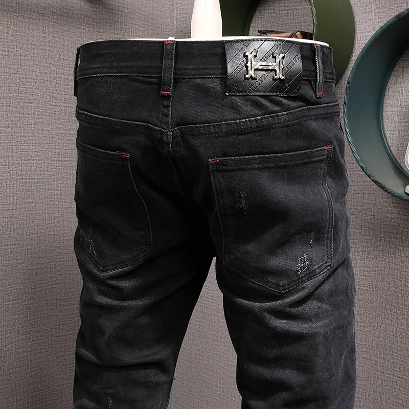 Streetwear Fashion Men Jeans Elastic Slim Fit Hole Ripped Jeans Men Vintage Black Trousers Patch Designer Hip Hop Pants Hombre