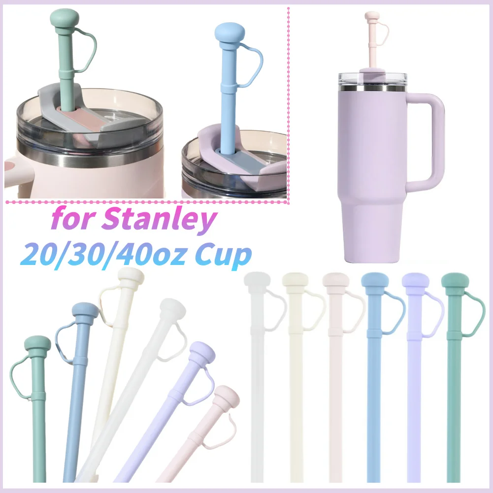 Silicone Long Reusable Straw with Straw Cap Drinking Dustproof Soft for Stanley 20/30/40oz Cup Accessories