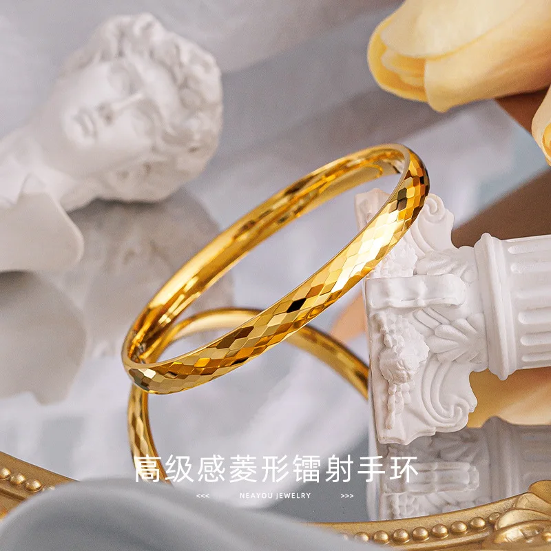 Women 9999 24K Real Gold Multi Section Diamond Laser Bracelet Exquisite Light Luxury Explosive High Gloss Circle Bangles