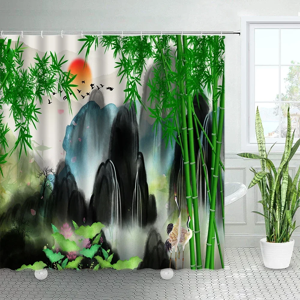 

Green Bamboo Ink Landscape Shower Curtains Natural Flowers Bird Asian Chinese Style Art Fabric Bath Curtain Hooks Bathroom Decor