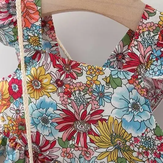 Girls Dress 2 Pcs Summer Floral Cotton with Crossbody Bag for 0-3 Babies