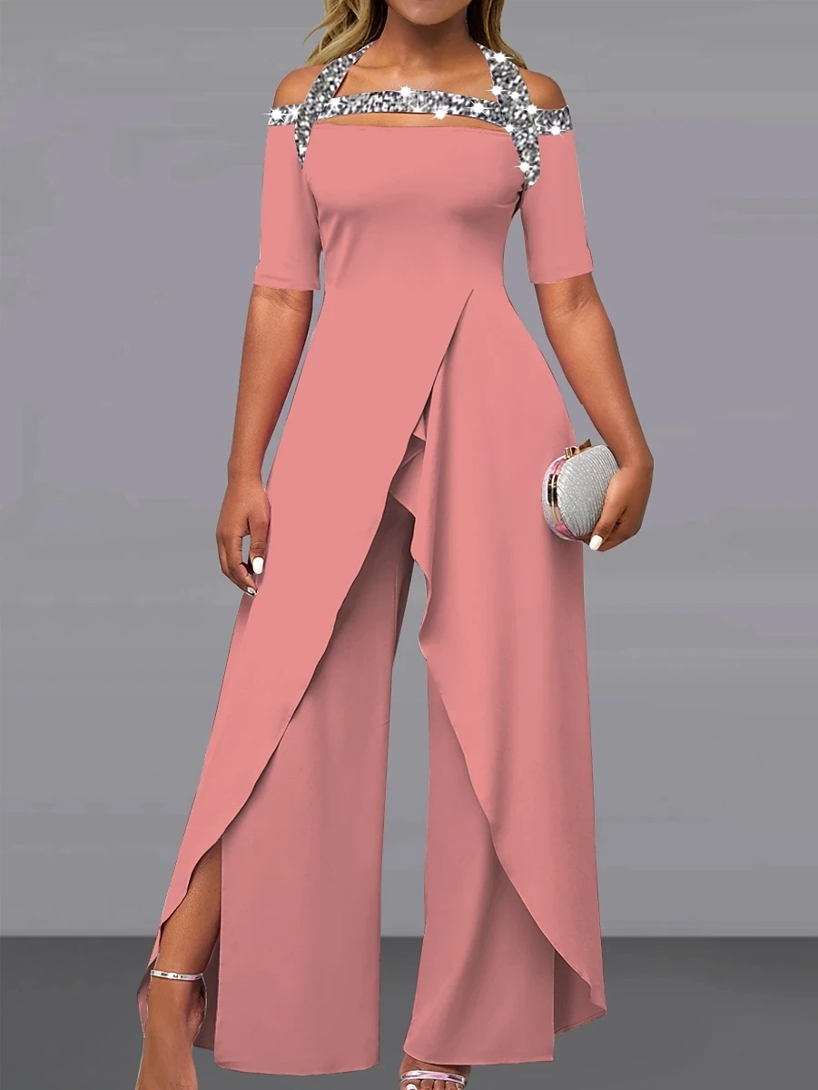 Women's Jumpsuit Off Shoulder Elegant Party Office Wide Leg Regular Short Sleeve Summer Solid color printing overalls