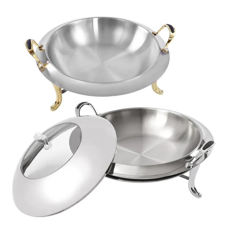 Dish Stainless Steel Cooking Round Warmer Tray Durable Frame with Lid Fuel Holder Cookware Set