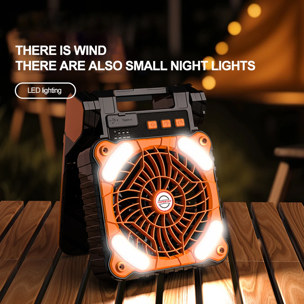 7800mAh Camping Fan with LED Light Battery Operated Solar Powered Portable Desk Fan Timing 4 Speeds Wind Tent Fan with LED Light