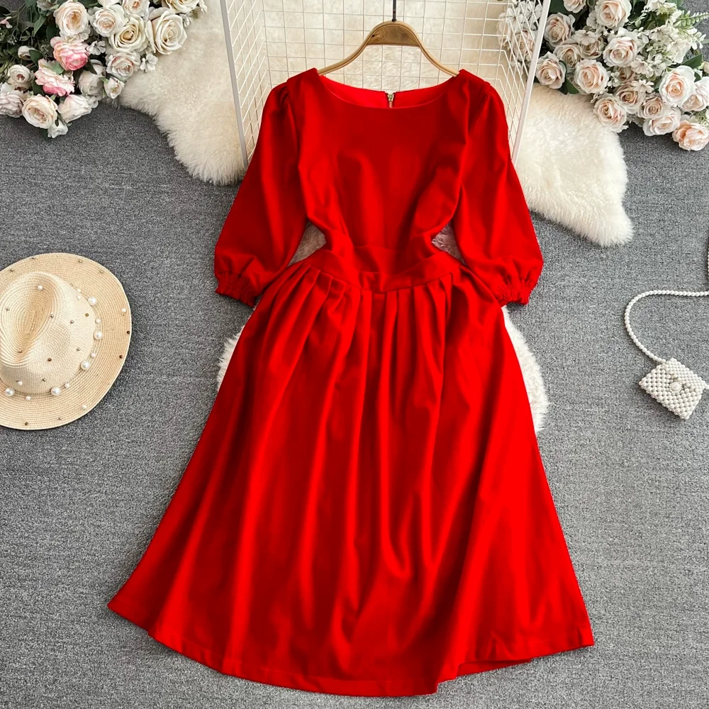 

2023 Autumn Fashion Red Velvet Midi Dress For Women Half Sleeves Dresses Female Vintage Slim A-Line Evening Party Dresses Robe