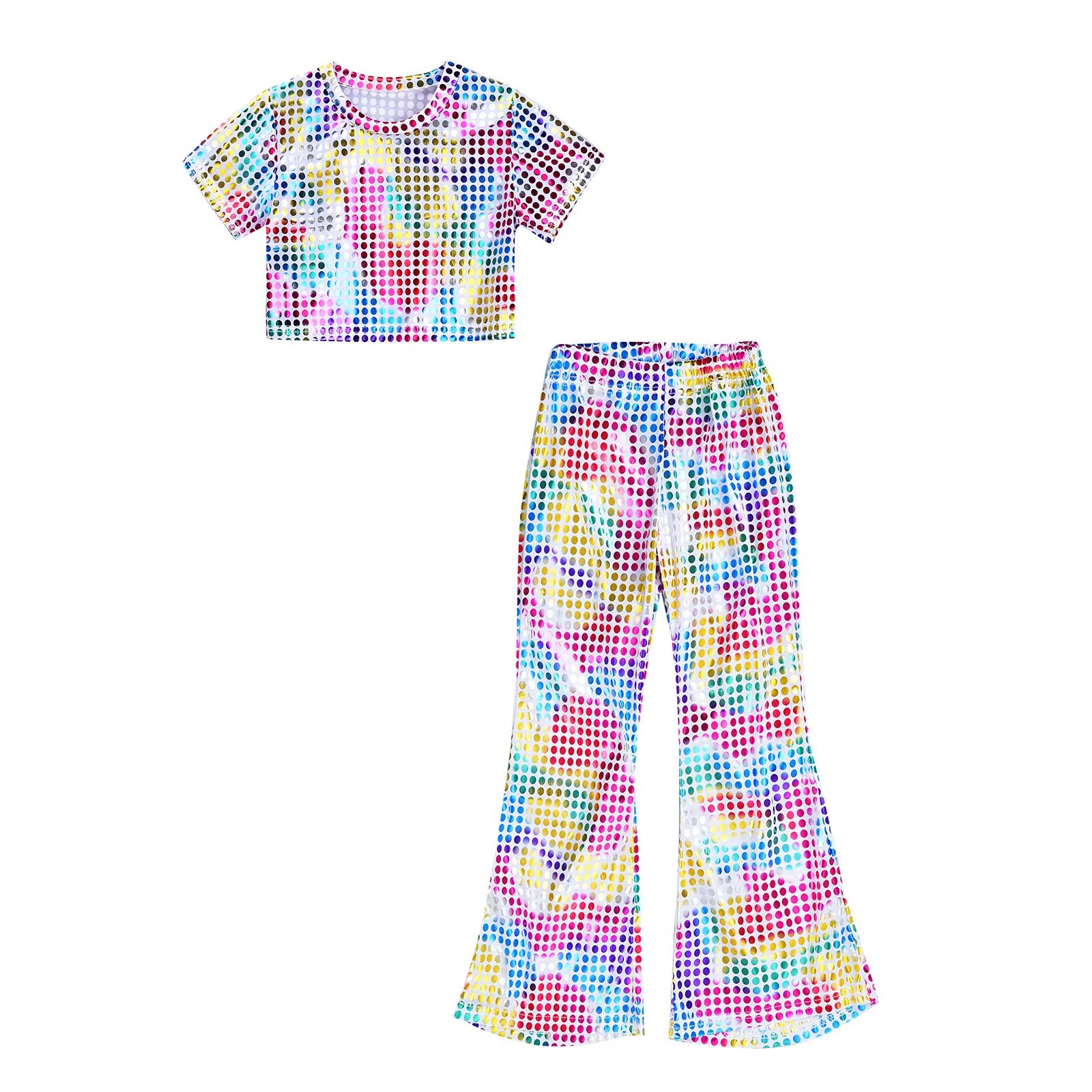 Kinder Mädchen glänzend metallisch Jazz Hip Hop Tanz Disco Rave Party Bühne Performance Kostüm Kurzarm Crop Top mit ausgestellten Hosen – Detail 17
