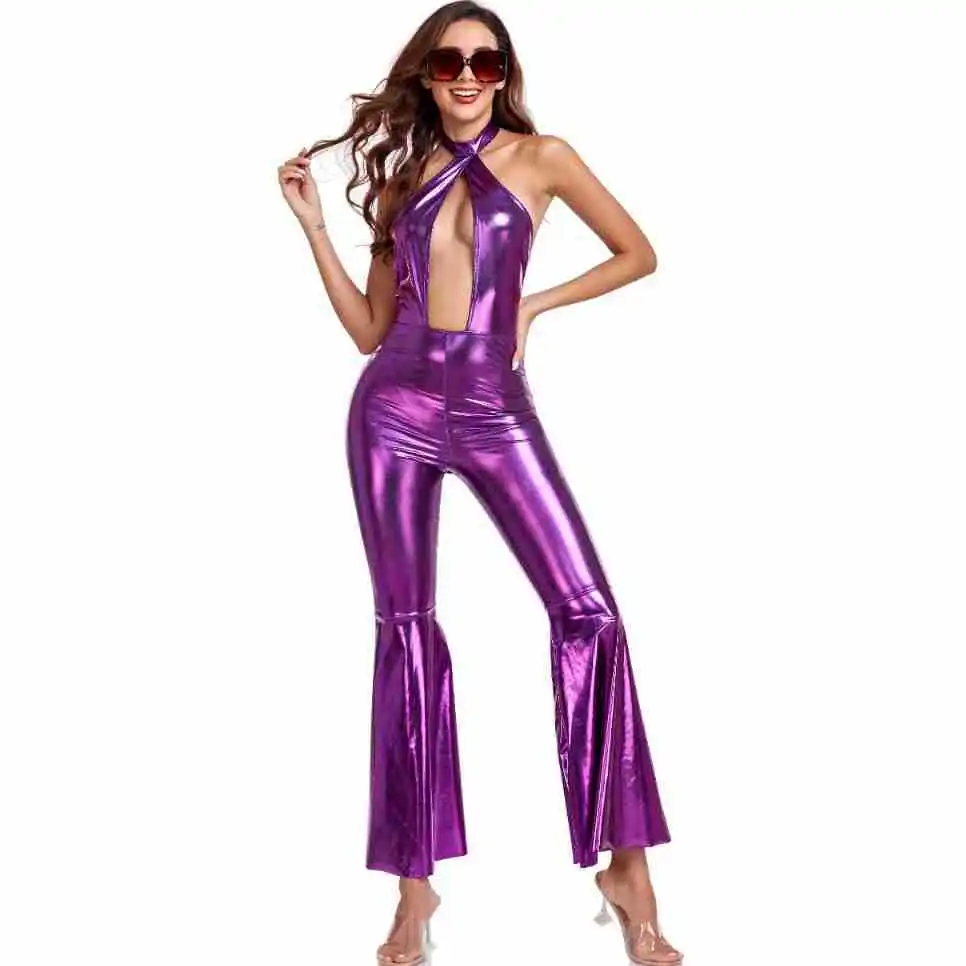 

Retro Disco Sexy Halter Purple Flare DS Hippie Show Clothing