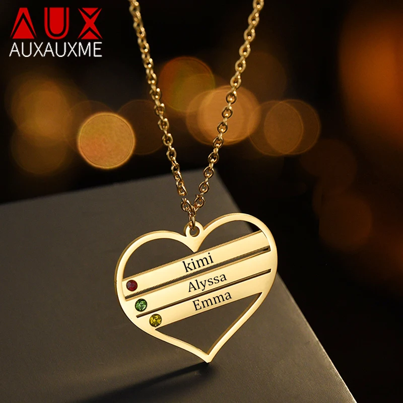 

Auxauxme Custom Name Heart Necklace Stainless Steel Personalized Engrave Names Crystal Zircon Pendant Jewelry For Family Gift