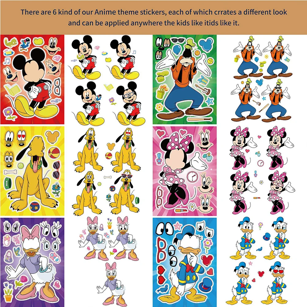 6/12Sheets Kawaii Disney Cartoon Mickey Mouse Puzzle Stickers Books Minnie Donald Duck Make-a-Face Decal Assemble Jigsaw Sticker