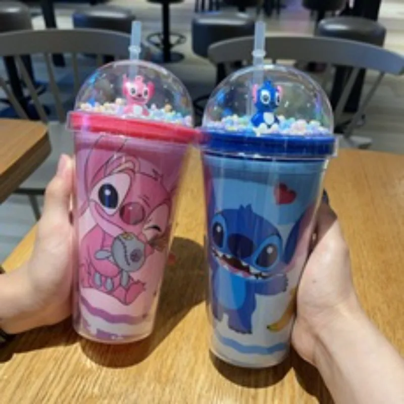 450ML Disney Stitch Straw Cups Anime Cartoon Stich Double-layer Plastic Water Cup Portable Sports Bottle for Children Gifts
