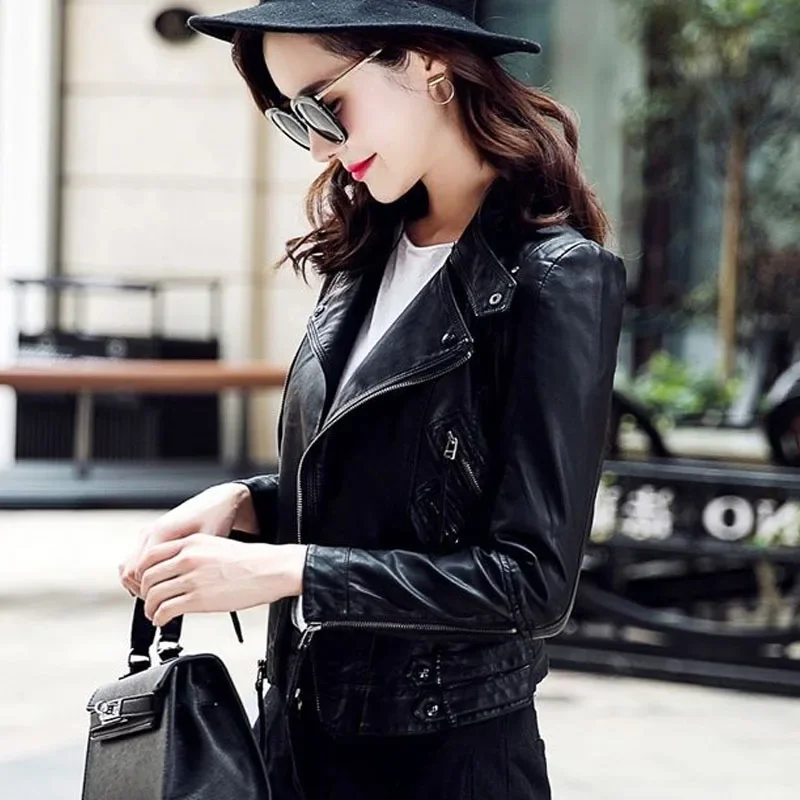 1pcs Women's PU Leather Short Jackets 2024 Spring Faux Fur Zipper Splicing Irregular Black Ladies Skinny Locomotive Small Coats