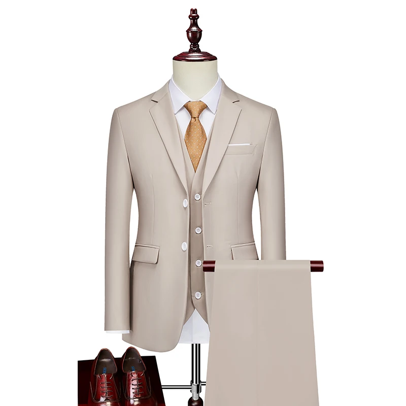 Mens Pink Three-piece Business Casual Wedding Suit High-Quality European And American Style Suit Vest Trousers