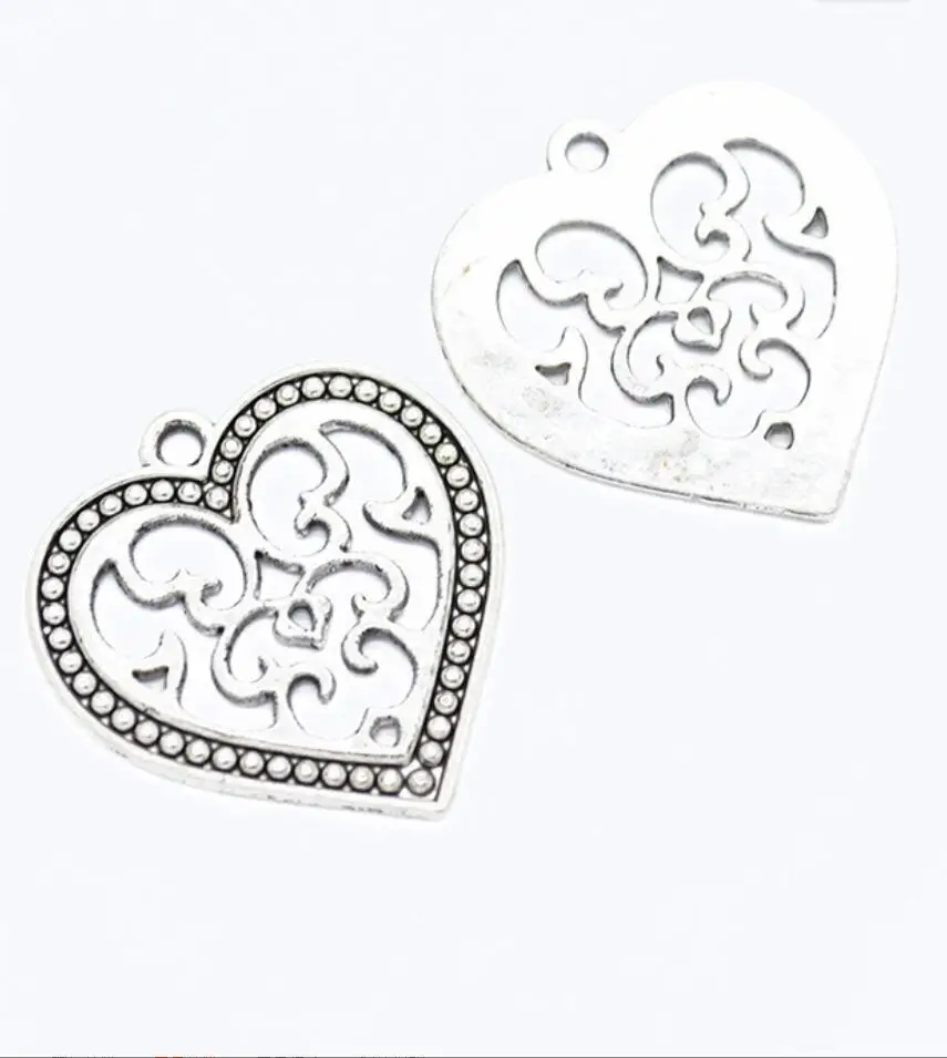 50pcs Charms Hollow Heart 27*26mm Antique Silver Color Pendants DIY Crafts Making Findings Handmade Tibetan Jewelry F0888