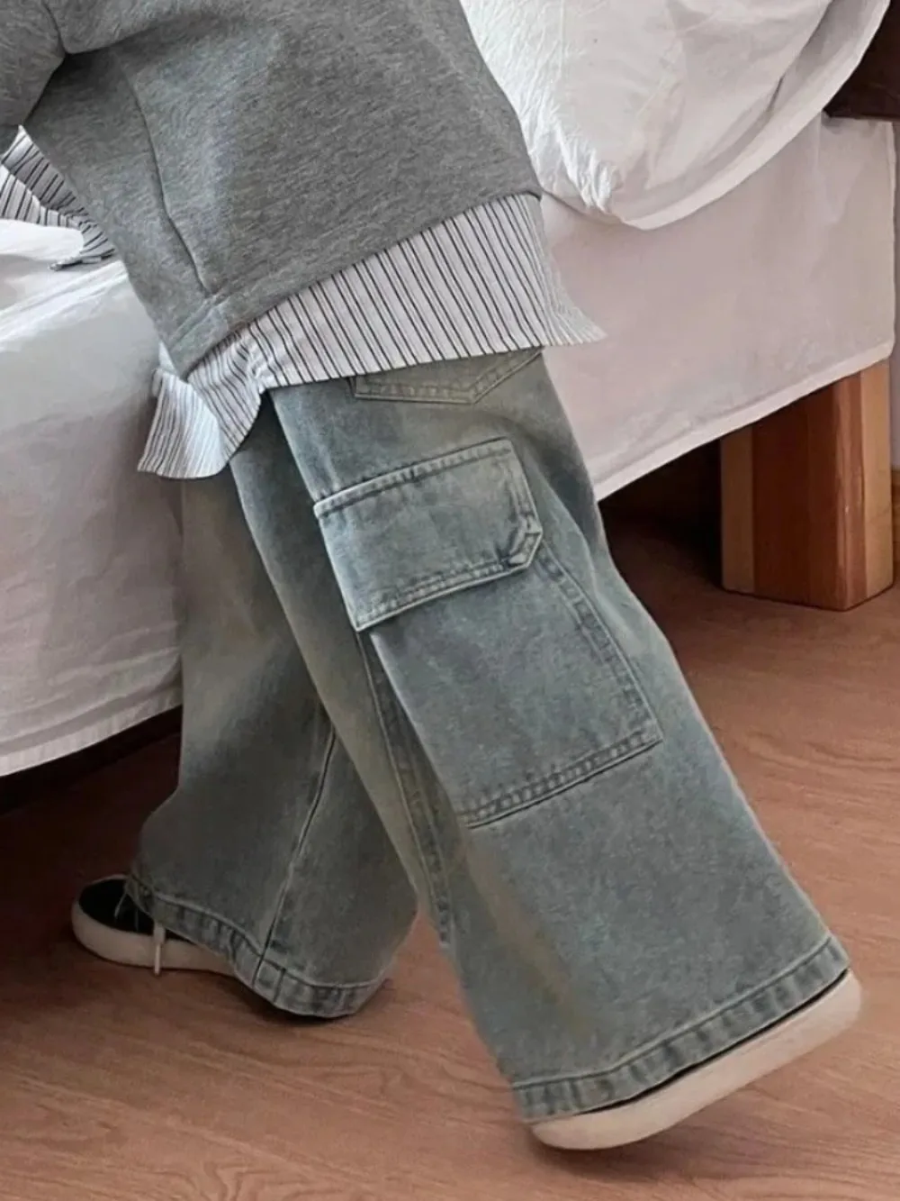 소년 소녀 카고 데님 바지 어린이 캐주얼 와이드 레그 청바지 패션 스트리트웨어 헐렁한 바지 아동복 2-8세