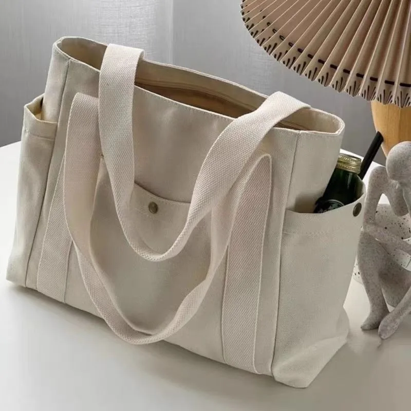 Canvas Tote Bag For Women Large Capacity College Style Student Outfit Book Shopping Travel Casual Shoulder Bag with Pockets