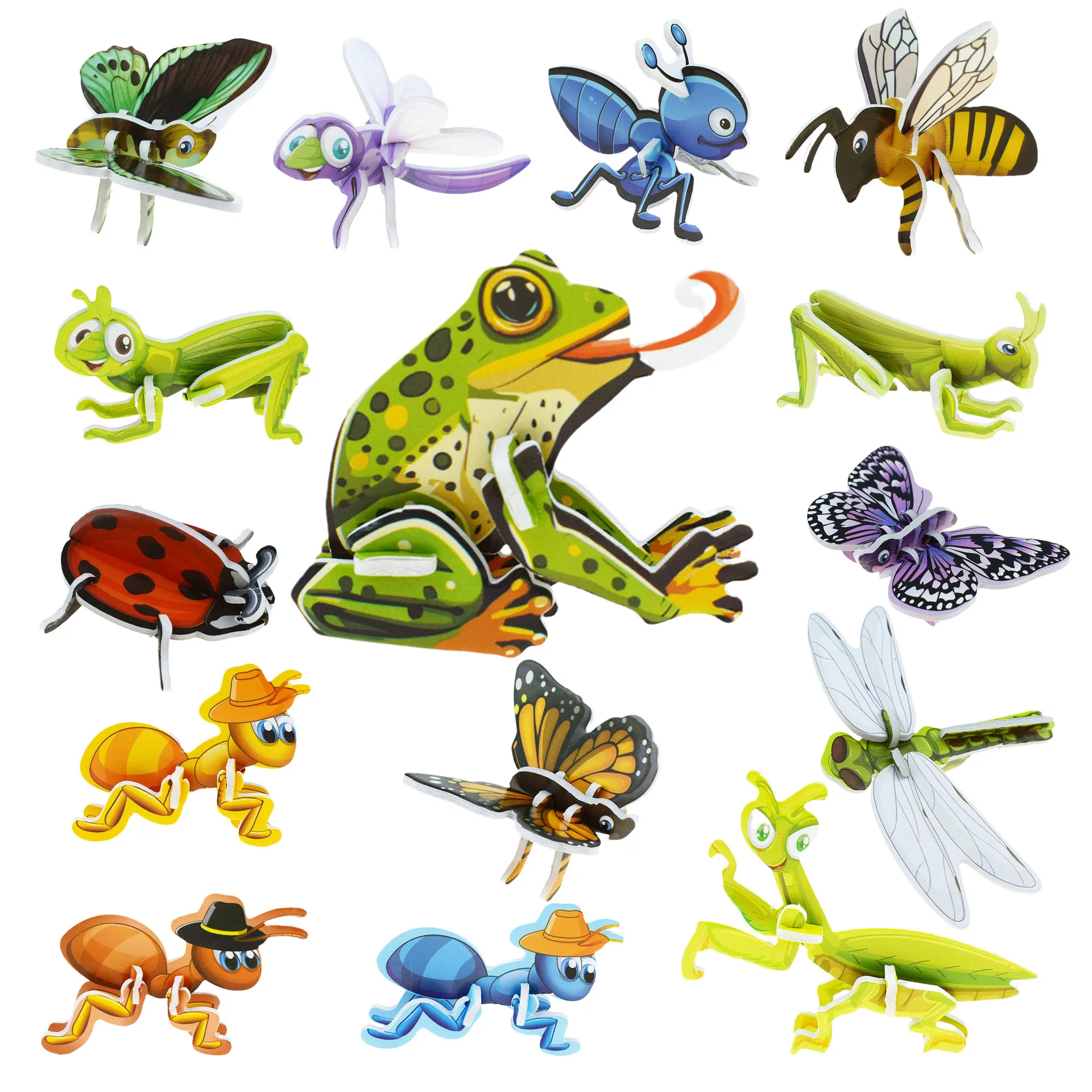 

30Pcs Children's Paper Frog 3D Puzzle Cute Cartoon Insect Butterfly Shape 3D Small Puzzle Dragonfly Toy