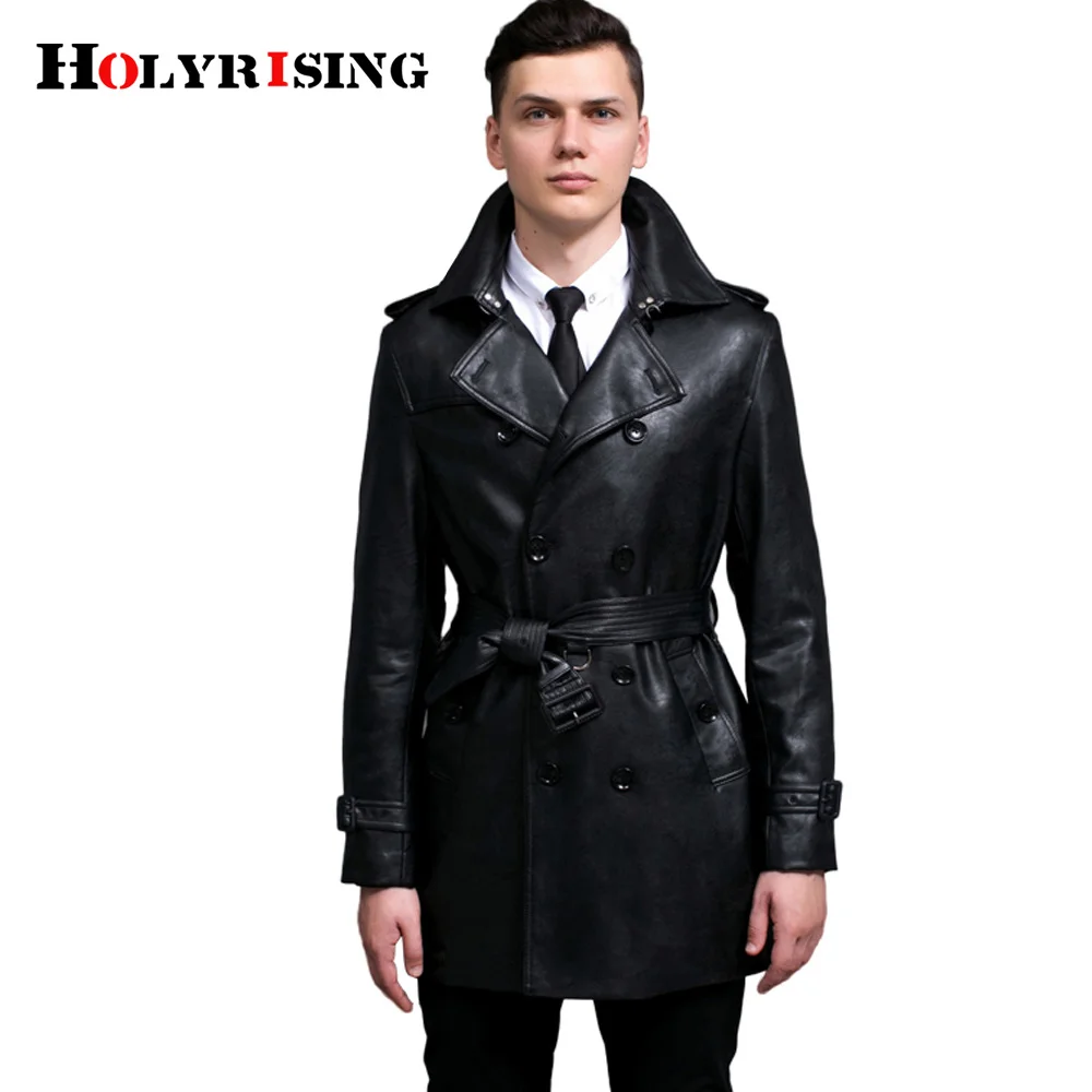 

Fashion Black Trench Coat Men Spring Autumn Style Casual Double Breasted PU Trenchcoat Slim Turn Collar Windbreaker Size S-6XL