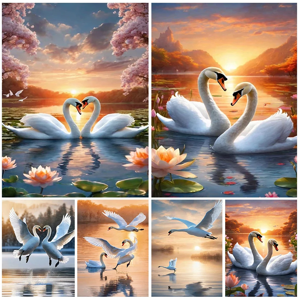 Nuovo 5D Swan Lake Diamond Painting Sunset Scenery Diy Full Diamond Mosaic Ricamo Kit Strass Home Art Decoration