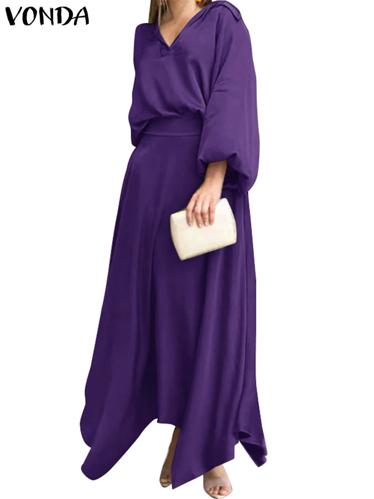 

Plus Size VONDA Women Elegant Sets 2024 Summer Dress Suits 2pcs Sexy V-Neck Casual Solid Color Loose Tops Skirts Elegant Sets
