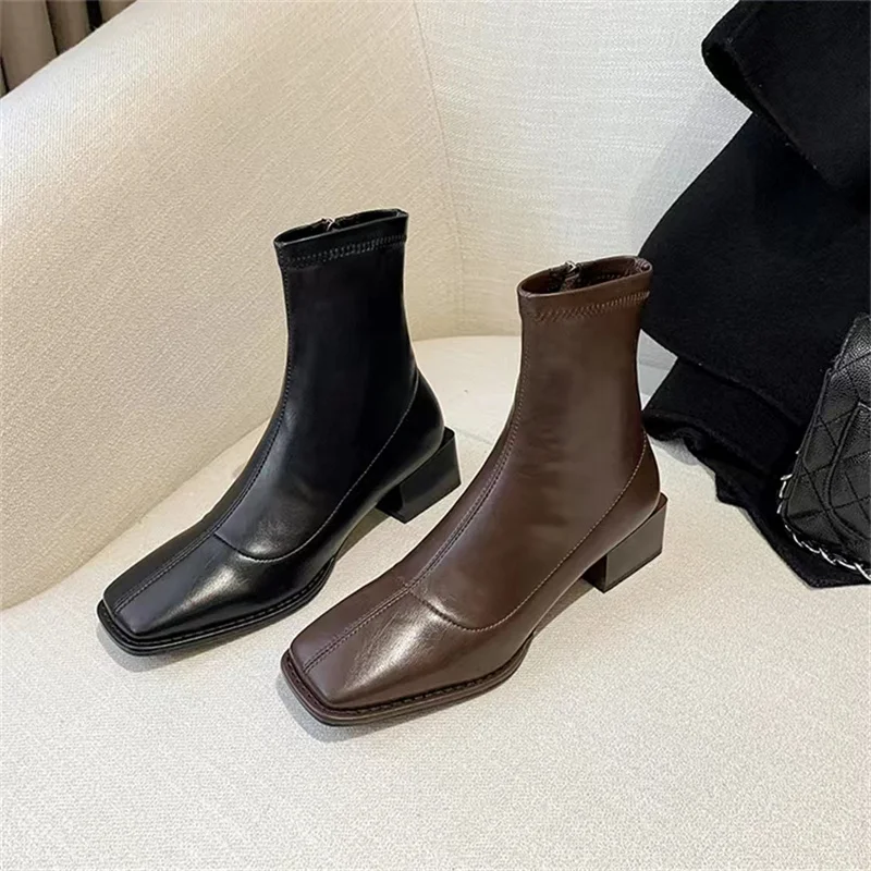 Thick Heel Mid Barrel Short Boots for Women 2023 New Leather Boots Square Head Mid Heel Spring and Autumn Single Boots