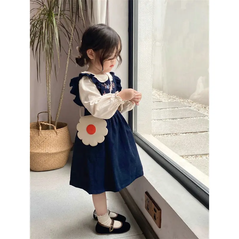 

Children Clothing 2023 Autumn Winter New Fashionable Vintage Corduroy Sundress Girls Simple Blouse Casual Sweet Two Piece Set