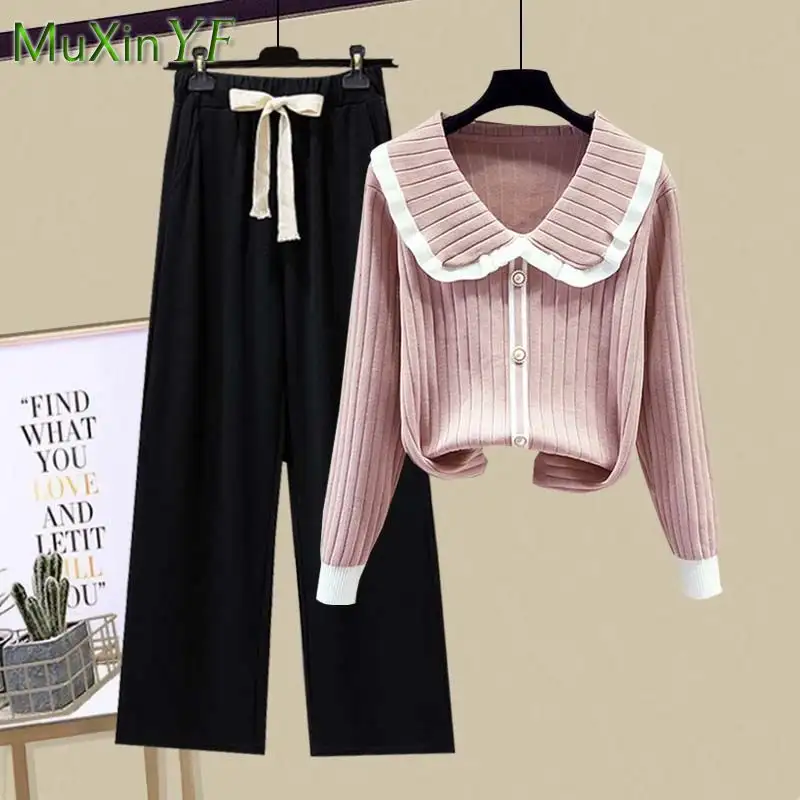 2025 Spring Korean Fashion Knitwear Sweater Wide Leg Pants Two Piece Set Women's Casual Sweatshirts High Waist Trousers Suits - Image 3