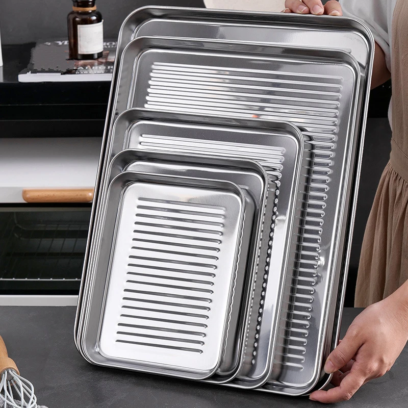 1Pcs Stainless Steel Baking Tray Rectangular Food Storage Pans BBQ Seafood Fruits Plate Kitchen Accessories 3
