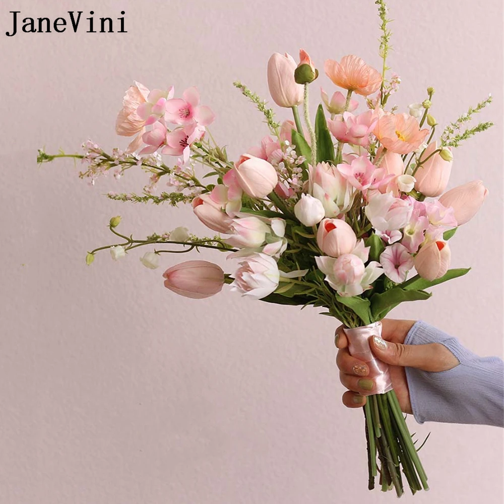 JaneVini Artificial Pink Tulip Wedding Bouquet Flower Buquet Vintage Real Touch Bride Flower Bridal Bouquet Artificielle Mariage