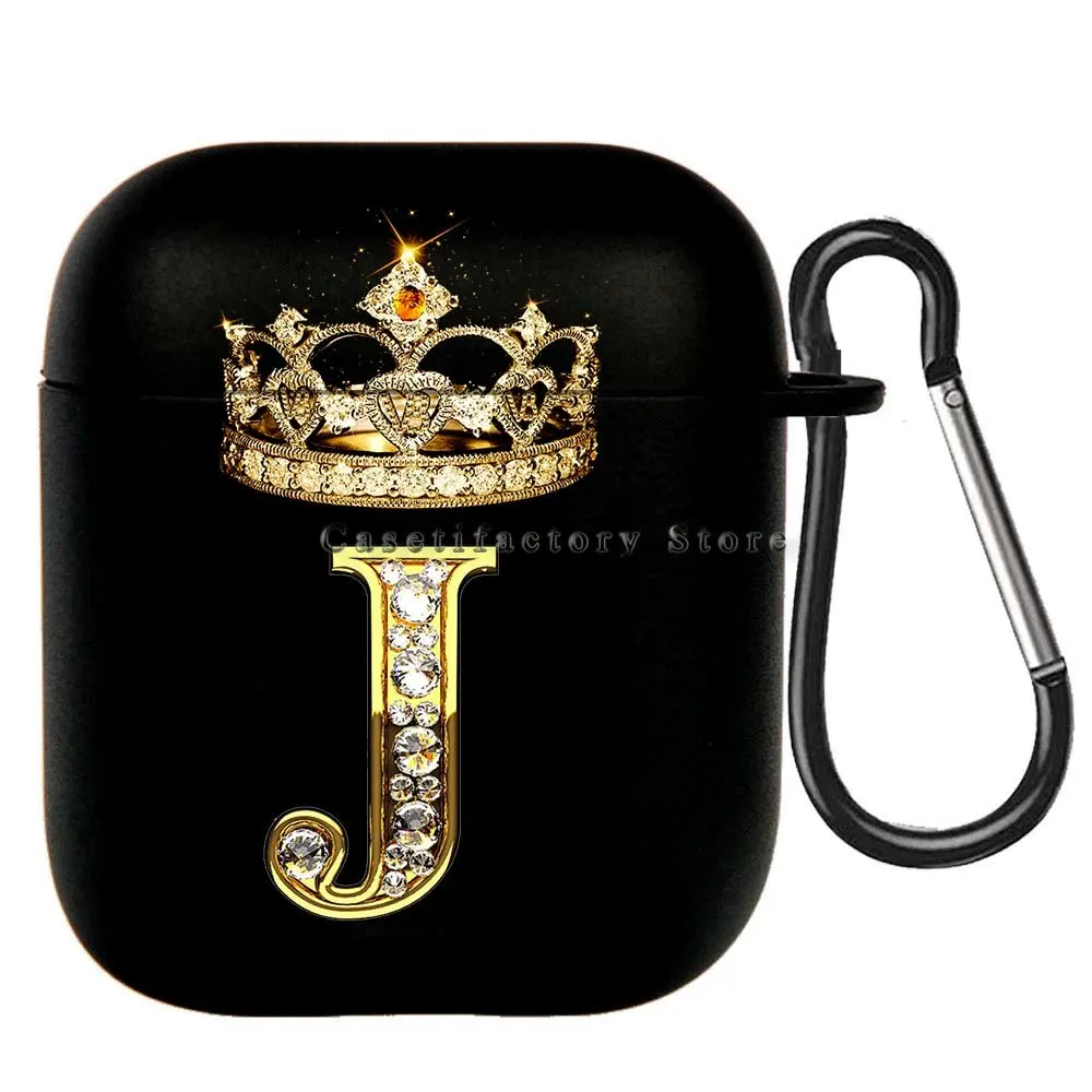 Elegant Diamond Crown Initial AirPods Case - Black Wireless Bluetooth Earphone Cover