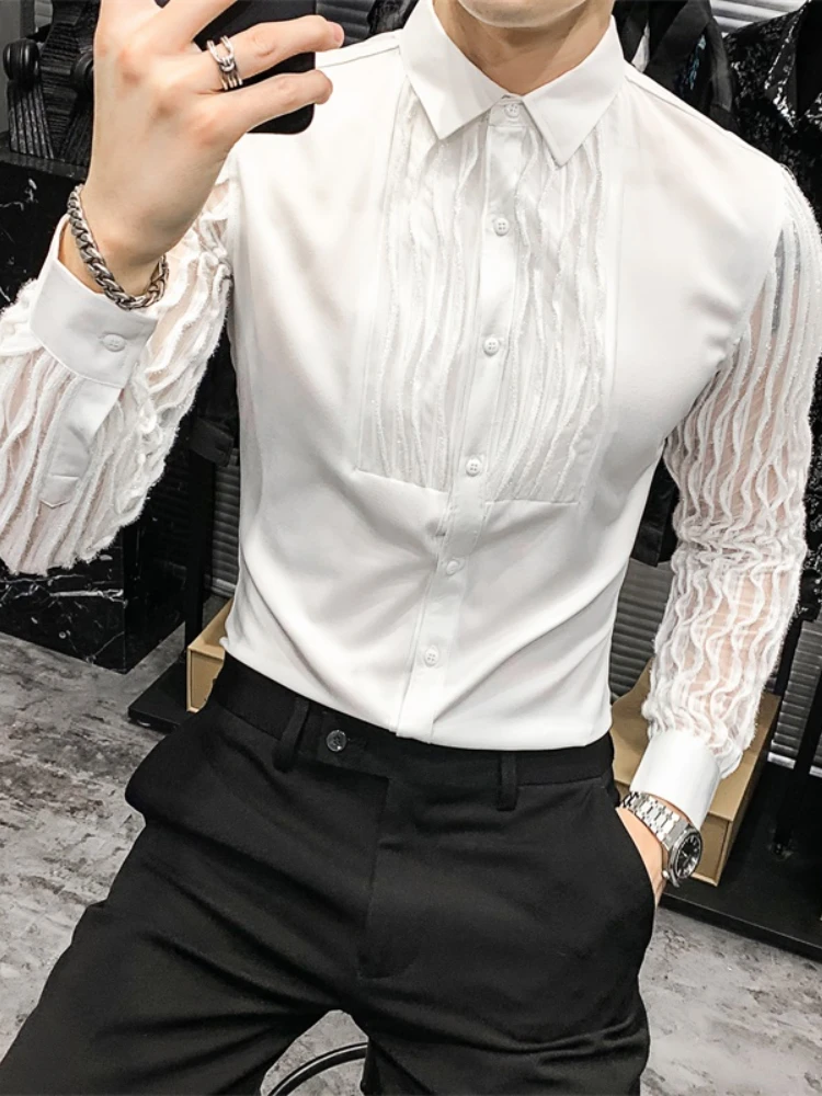 Streetwear Social Lace Hollow Shirts for Men Long Sleeve Slim Fit Party Blouse Camisas Masculinas Club Korean Men Clothes