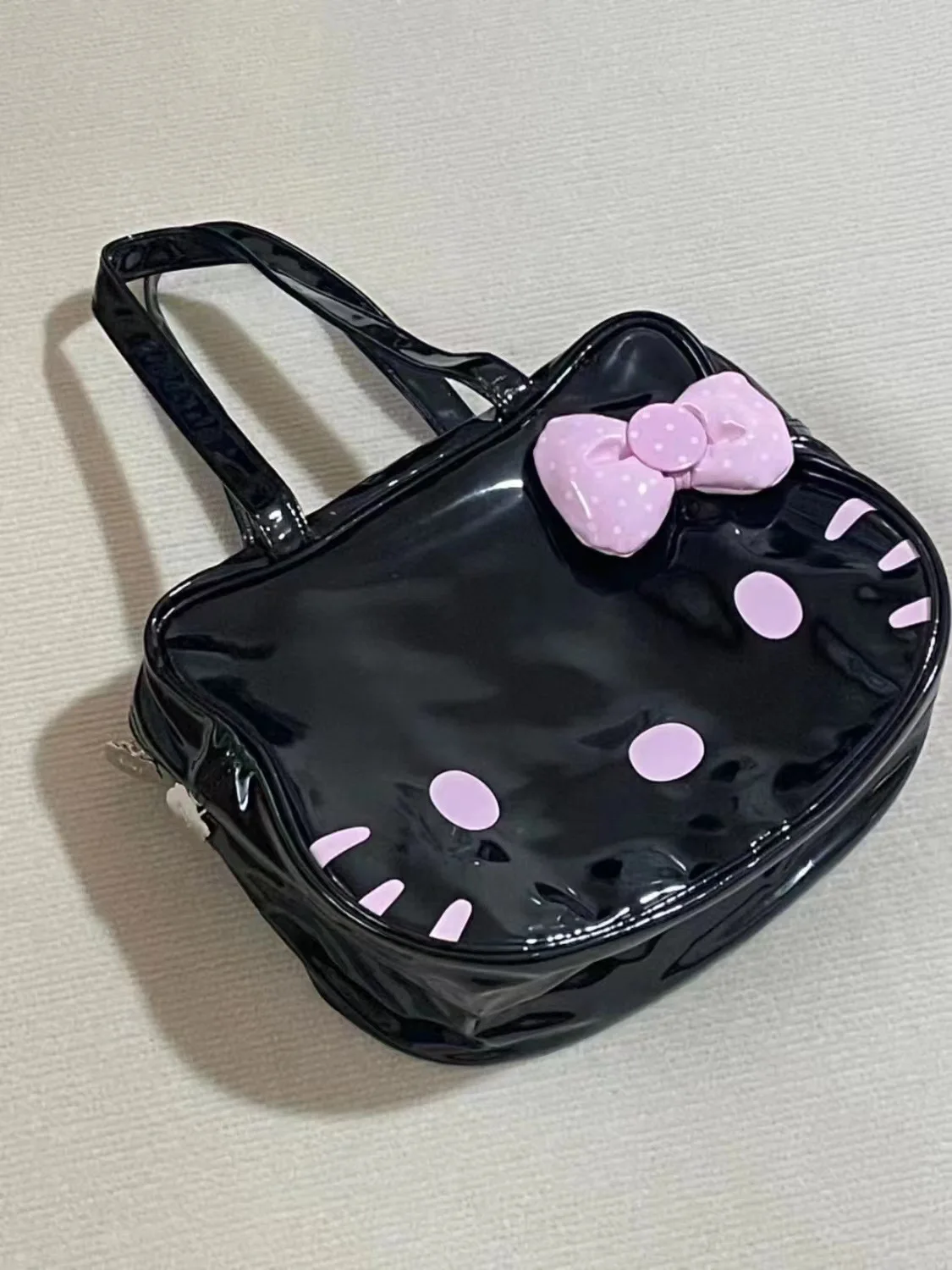 Womens Shoulder Bag Black Leather Cute Bow Harajuku Fashion Kitty Cartoon Kawaii Tote Bag New Style Casual Girls Handbag