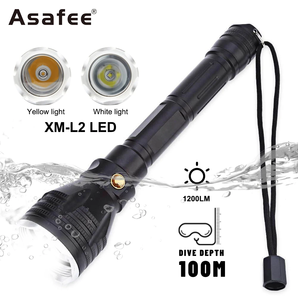 

Asafee FL022D 100M Underwater 1200LM Yellow/White Light L2 LED Diving Flashlight Waterproof Torch Press Switch Scuba Lantern