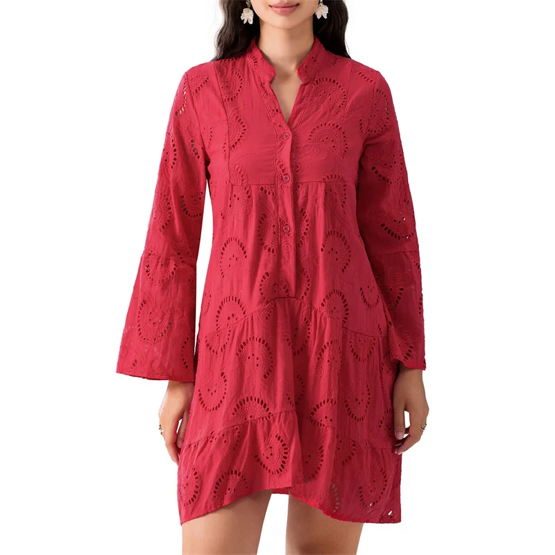 Beach Dress Women Embroidery Lace Eyelet Hollow Out 3/4 Sleeve Single Breasted Mini Dress y2k Vacation Dresses