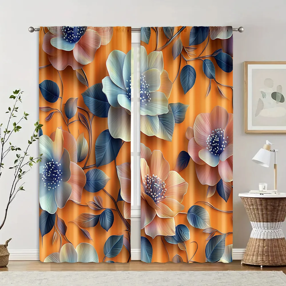2pcs, Curtain Popular 2D print Golden lotus Fabric (without rod) Thermal Insulation, and Room Darkening Functions Ldeal for 2