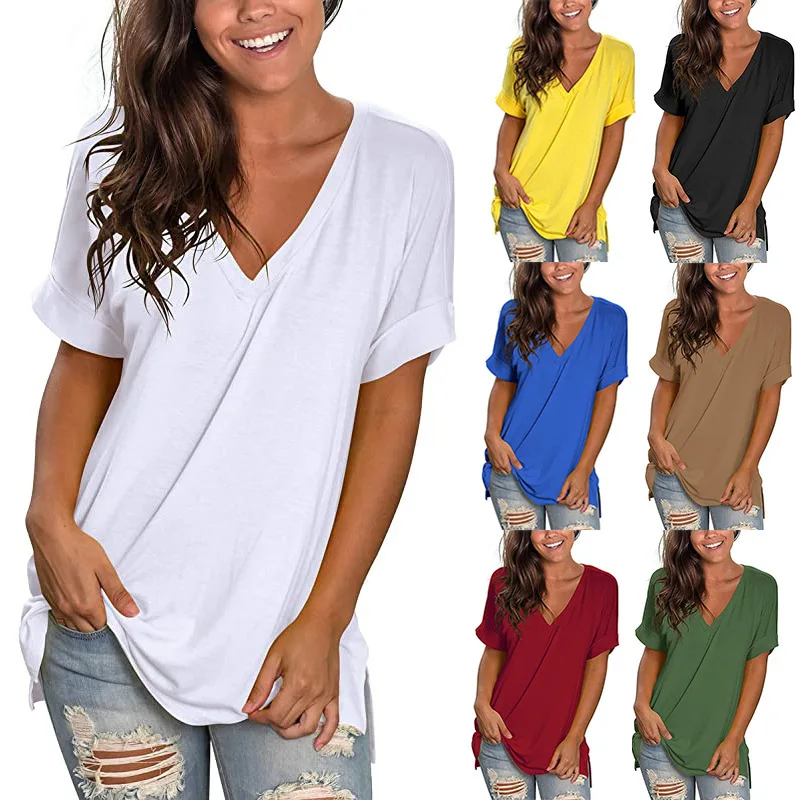 

New 2024 V-neck Loose T-shirt for Women Solid Color Clothing Summer Casual Fashion Slits on Both Sides Short Sleeves Ladies Top