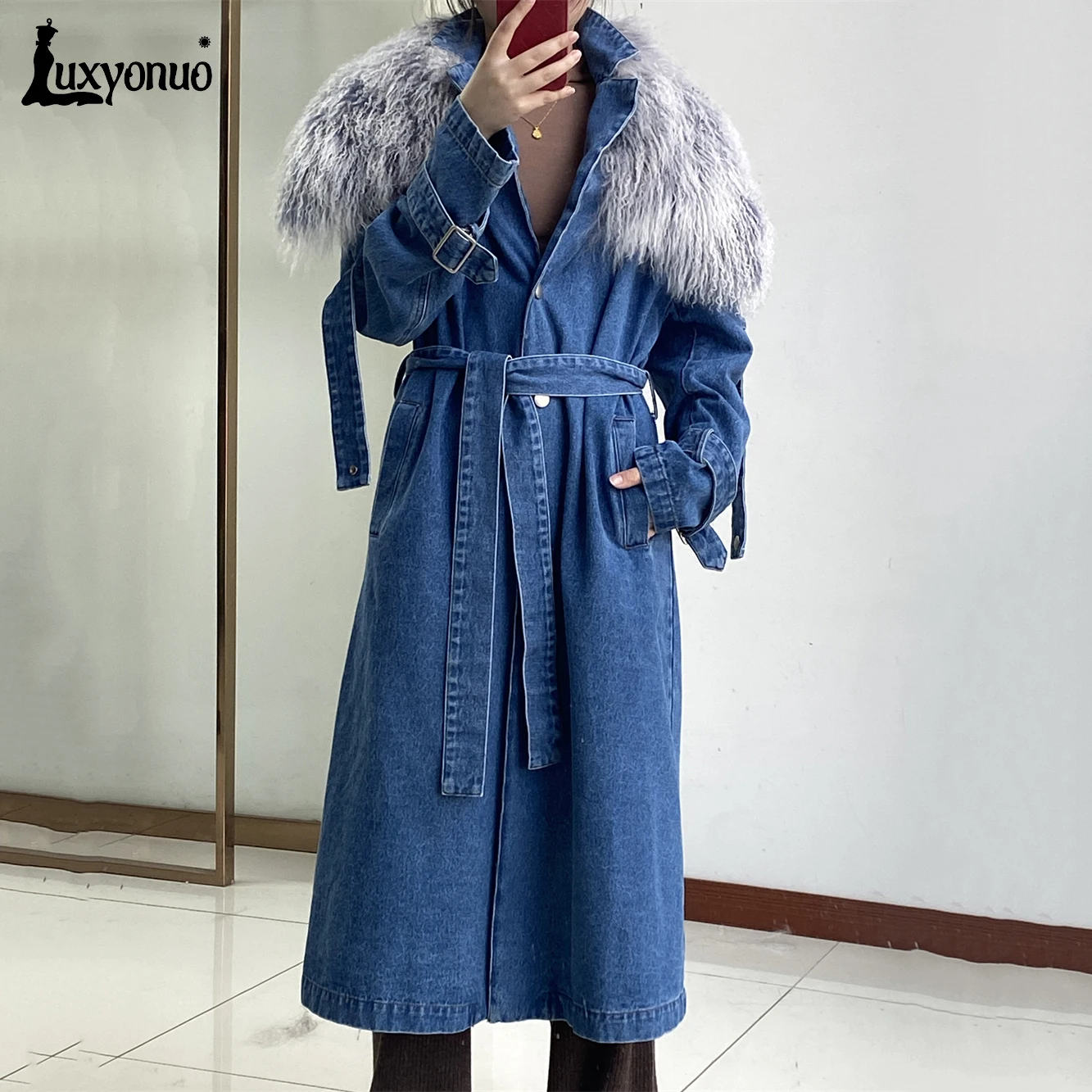 

Luxyonuo Denim Trench Coat for Women 2024 Spring Autumn Long Denim Windbreak With Real Mongolian Sheep Fur Collar Ladies Outwear