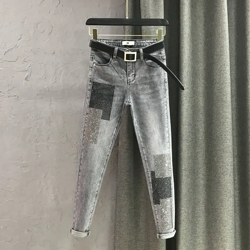 

Smoke Gray Skinny Jeans Autumn New Women's Fashion Hot Diamond Contrast Color Pencil Pants Ninth Pants