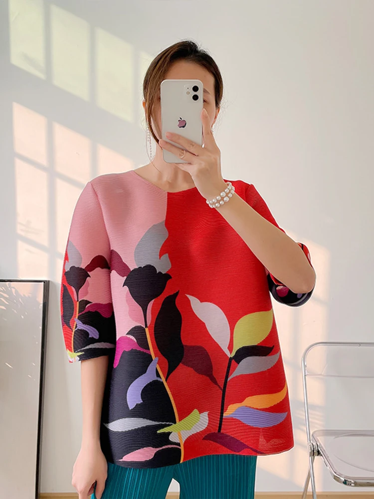 

LINDA DELLA Summer Fashion Designer Vintage Loose Big Size Blouse Women's Round Neck Half Sleeve Floral Print Pleated T-shirt