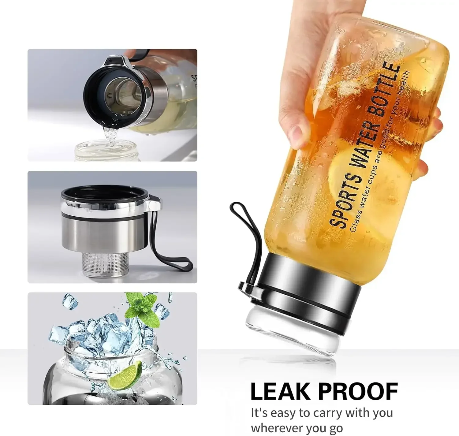 Large Capacity Glass Water Bottle Transparent Milk Juice Cup for Tour Outdoor Sports and Travel Leak Glass Bottle