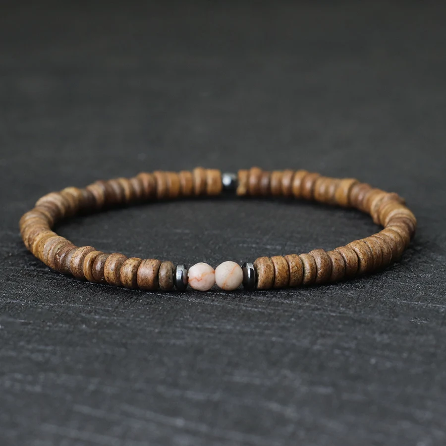 Natural Coconut Bead Mens Bracelet with Tiger Eyes Stone