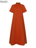 ZANZEA Summer High Collar Kleid Robes Casual Loose Party Long Dresses Women Short Sleeve Maxi Dress Elegant Solid 2023 Vestidos - Image 4