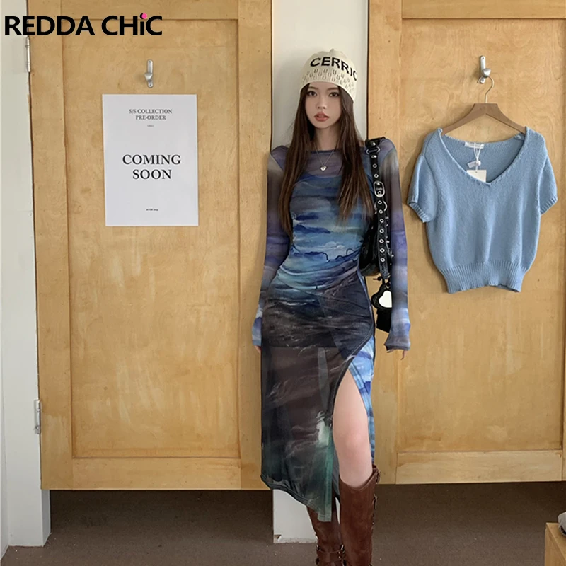 

Женское Романтическое Платье с принтом заката ReddaChic, Прозрачное платье из 2 предметов с длинным рукавом и Сетчатое платье, комплект в эстетике Y2k, уличная одежда