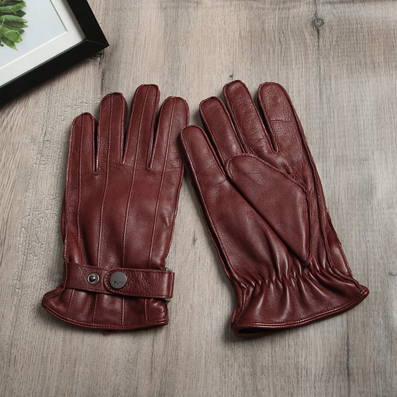 

Retro Full Finger Leather Gloves For Men Plus Velvet Warm Winter Wool Motorcycle Riding Driving Gloves Top Grade NR128